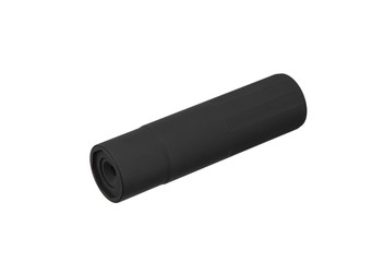 Black silencer for weapons. Suppressor that is at the end of an assault rifle.