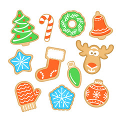 Christmas cookies decorated with sugar icing. Gingerbread homemade biscuits. Vector cartoon illustration. Traditional festive food. Different shapes such as tree, star, snowflake, bell, sock, deer