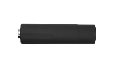 Black silencer for weapons. Suppressor that is at the end of an assault rifle.