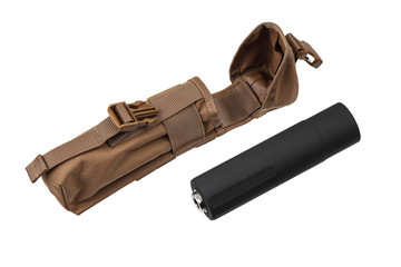 Black silencer for weapons. Suppressor that is at the end of an assault rifle.