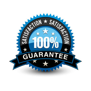 Strong blue colored 100% satisfaction guarantee badge with sleek ribbon isolated on white background.