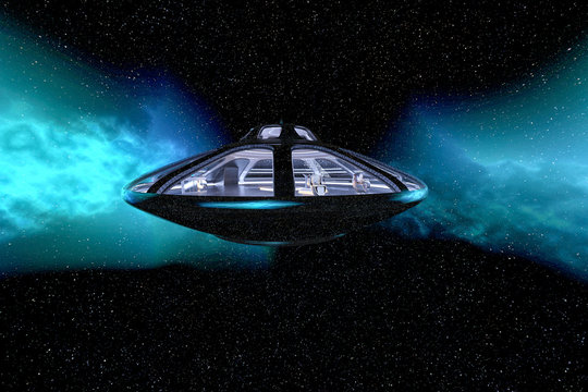 ufo space ship floating on space