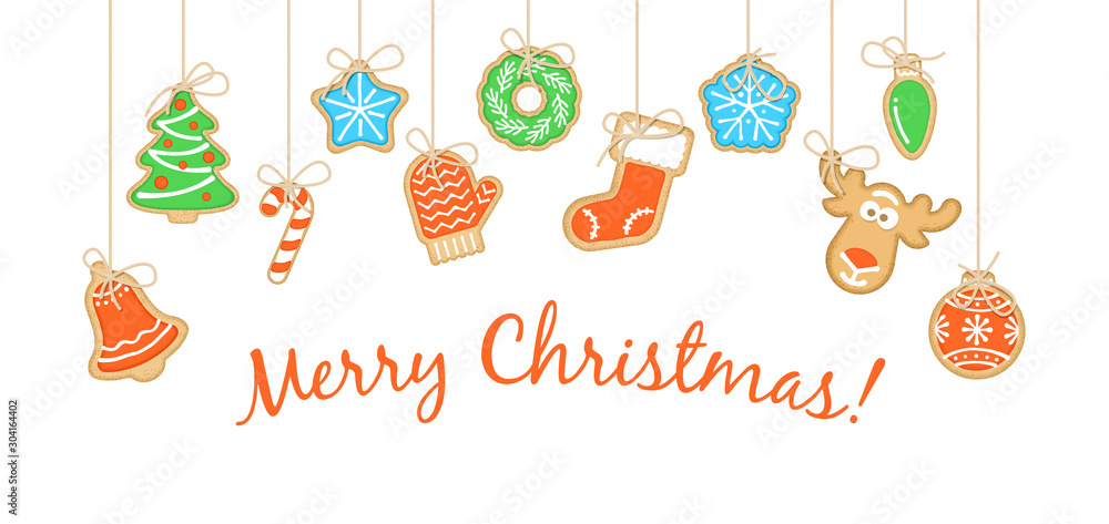 Wall mural merry christmas greeting text with colorful gingerbread cookies ganging on strings. holiday vector c