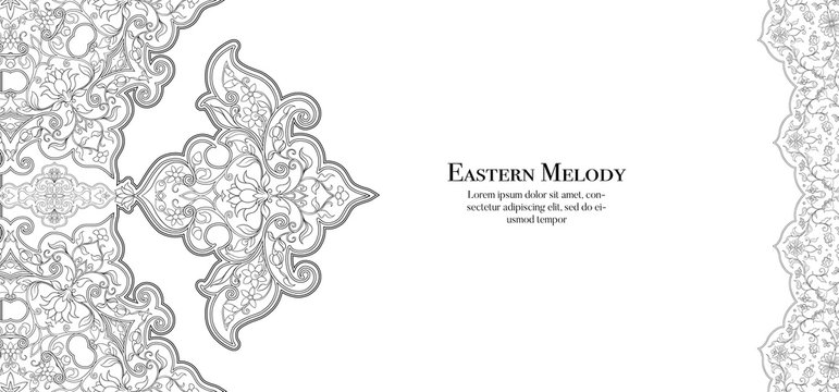 Eastern ethnic motif, traditional muslim ornament. Template for wedding invitation, greeting card, banner, gift voucher, label. Vector illustration