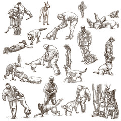 Fototapeta na wymiar Dogs - dog training. Collection, pack of freehand sketches. Line art on white.
