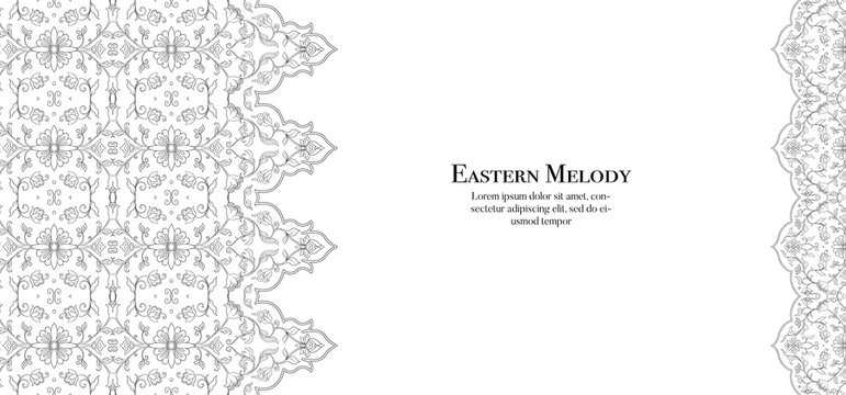 Eastern ethnic motif, traditional muslim ornament. Template for wedding invitation, greeting card, banner, gift voucher, label. Vector illustration