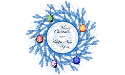Vector christmas round background with blue branches and  decorations