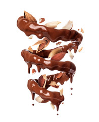 Chocolate splashes in spiral shape with crushed almonds, isolated on a white background