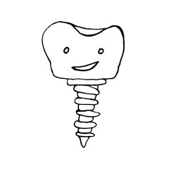 Cute happy cartoon tooth being cleaned with brush, and water set. Hand drawn line art cartoon vector illustration.