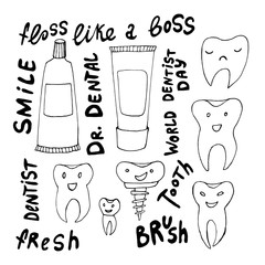 Cute happy cartoon tooth being cleaned with brush, and water set. Hand drawn line art cartoon vector illustration.