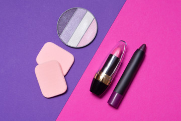 Set of beauty tools, nail polish, lip stick, copt space