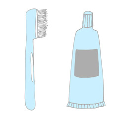Cute happy cartoon tooth being cleaned with brush, and water set. Hand drawn line art cartoon vector illustration.