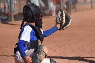 youth baseball catcher in blue and white