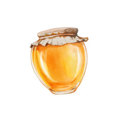 Watercolor and graphic raster illustration with rounded jar of honey