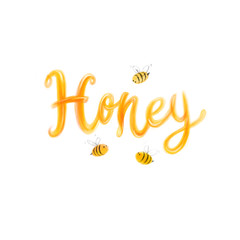 Fototapeta premium Digital illustration with hand drawn lettering Honey and with bees