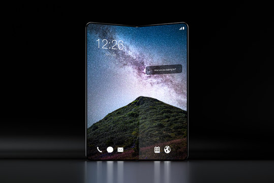 Smartphone with fold feature - modern construction, future of modern smartphones or tablets, wallpaper with galaxy, milky way in mountains	