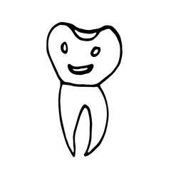 Cute happy cartoon tooth being cleaned with brush, and water set. Hand drawn line art cartoon vector illustration.