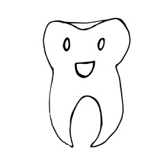 Cute happy cartoon tooth being cleaned with brush, and water set. Hand drawn line art cartoon vector illustration.