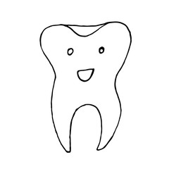 Cute happy cartoon tooth being cleaned with brush, and water set. Hand drawn line art cartoon vector illustration.