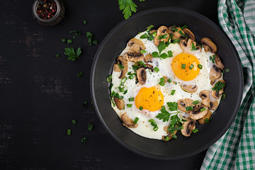 Fried egg, mushrooms and spinach. Keto, paleo breakfast. Top view, copy space