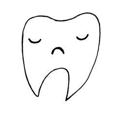 Cute happy cartoon tooth being cleaned with brush, and water set. Hand drawn line art cartoon vector illustration.