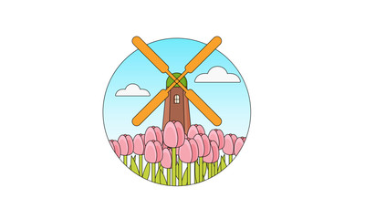 Netherlands windmill vector illustration. Flat linear round picture of typical Holland windmill and tulip fields. Travelling to Europe, wanderlust, tourism concept.