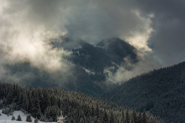 Fogs and clouds in winter Ukrainian Carpathians with snow-covered trees and mountain peaks