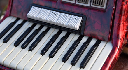 Schwarz-weiße Tastatur eines roten Akkordeons