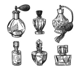 Fragrance bottles vector illustration. Hand drawn sketch style image - 304173409