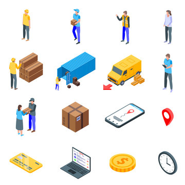 Parcel delivery icons set. Isometric set of parcel delivery vector icons for web design isolated on white background