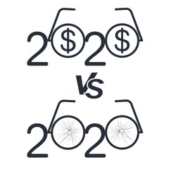 2020  financial year. A look through the glasses of an optimist and a pessimist. An optimist sees a profit; a pissimist sees nothing. Vector concept on a white background.