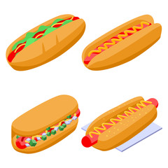 Hot dog icons set. Isometric set of hot dog vector icons for web design isolated on white background