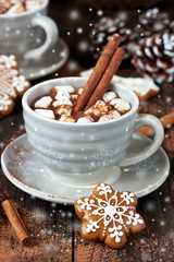 Cup of creamy hot chocolate with melted marshmallows
