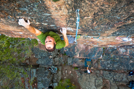 A man on his wicked hard project Hyper Cube (5.14b?) in Gallatin Canyon.