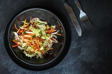 vegetable salad (Chinese cabbage, carrot, onion, lettuce, mix salad) menu concept. food background. top view. copy space