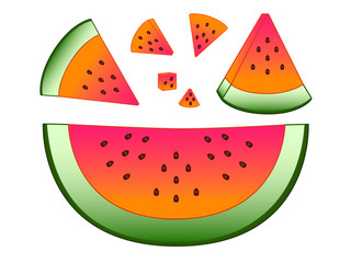 Watermelon. A variety of slices of watermelon. Set of slices of watermelon of different sizes, peeled and not peeled - vector full color picture.
