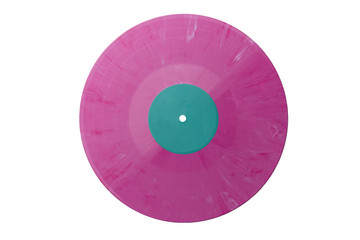 Old retro pink plastic vinyl musical lp record with green label isolated over a white background