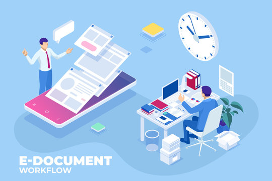 Isometric concept of business e-documents, business report, business documents, working, management. Email marketing, internet advertising concepts. Data storage.