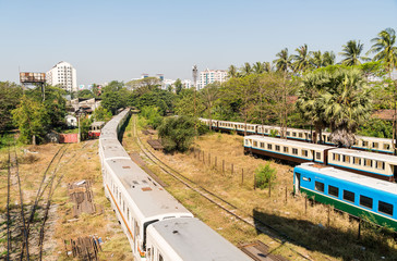 Naklejka premium aerial view of highway train railway in yangon myanmar
