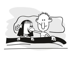 Man and woman in bed. Funny vector.