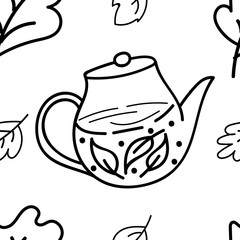 Vector doodle. Seamless pattern. Teapot with leaves. Cozy home.
