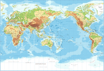 Carte du monde - Vue du Pacifique - Topographique physique - Illustration détaillée vectorielle