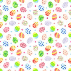 Floral seamless watercolor pattern with eggs, bees and stylized flowers. Happy Easter pattern. Texture for decoration, greeting cards, posters, invitations, advertisement