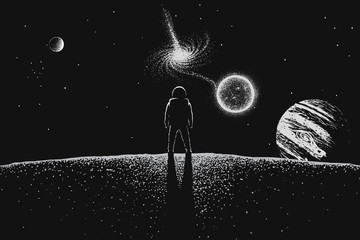 Astronaut looks to universe from planet © Galacticus