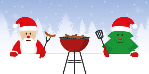 cute santa claus and christmas tree at christmas bbq vector illustration EPS10
