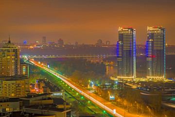 Aerial night city modern buildings in Kiev