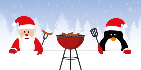 cute santa claus and penguin at christmas bbq vector illustration EPS10