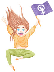 Watercolor cute girl jumping with feminist flag. Feminism illustration 