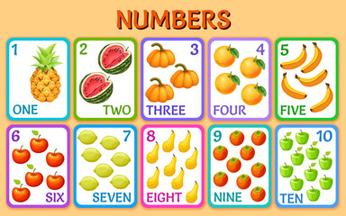 Cartoon vegetables and fruits. Children cards numbers for kids. Learning to count. Isolated vector illustration.