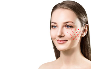 Fototapeta premium Graphic lines on face show the effect of lifting with text space.